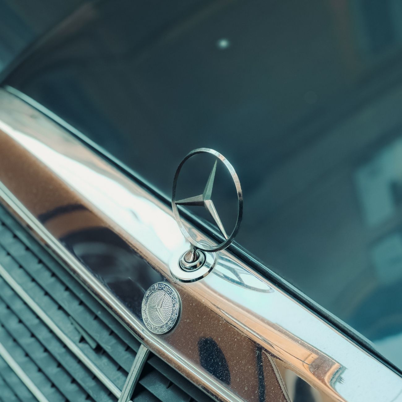 A chrome car emblem on a grille, shown close up