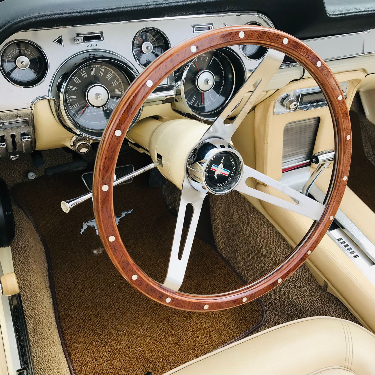 Picture of a steering wheel with a centre emblem in a vintage car