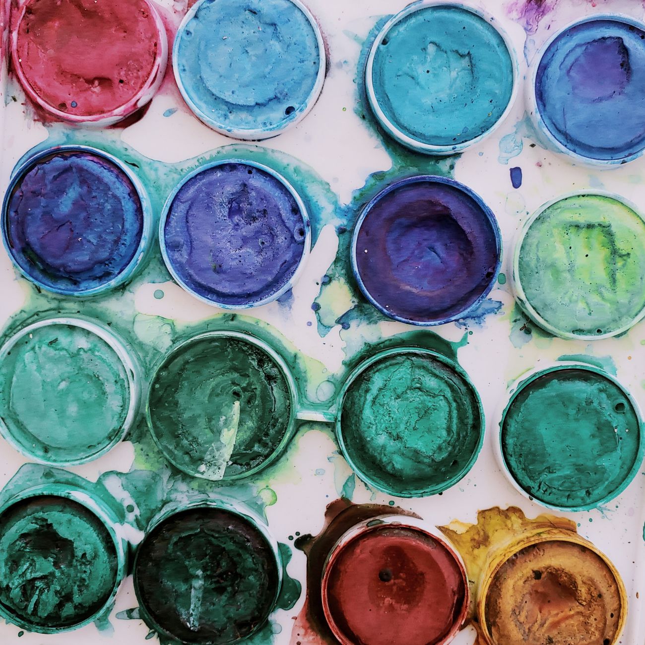 Vibrant watercolour paints in round trays seen from above