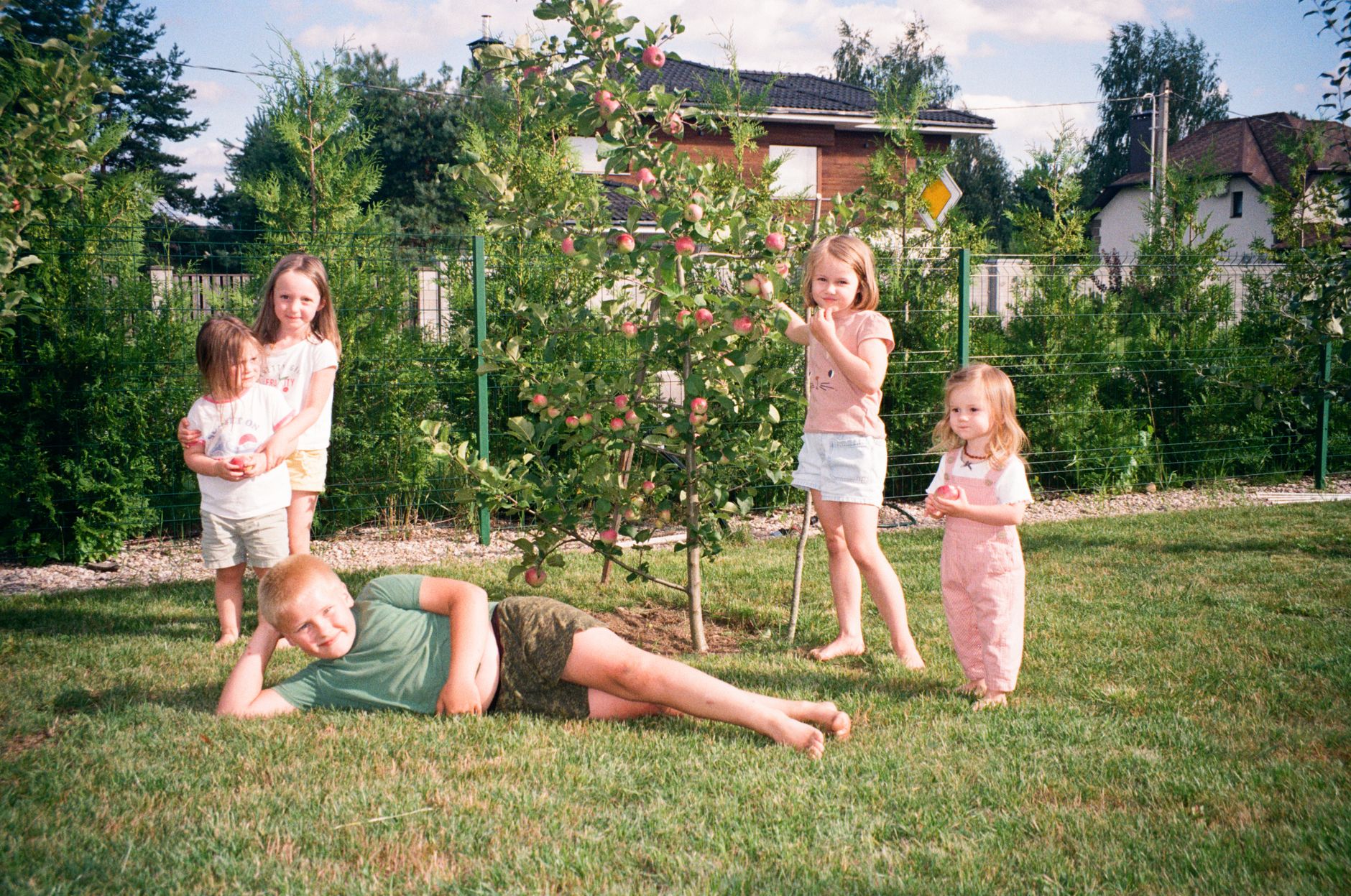 Five children play together in a garden on a sunny summer day, enjoying the outdoors.